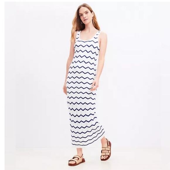 LOFT Chevron Open Stitch Pointelle Knit Sleeveless Maxi Dress White Navy Size M - Picture 1 of 9